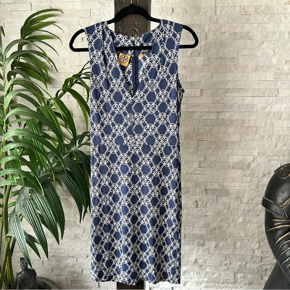 TORY BURCH Navy Blue “Nicola” Chain Print Jersey 100% Silk Knit Dress Size S